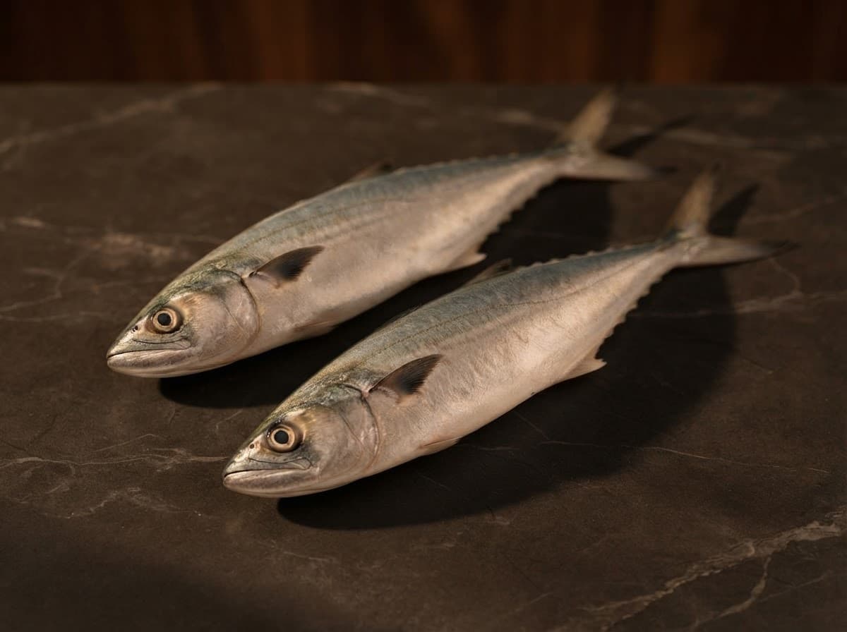 Duas anchovas inteiras sobre pedra escura