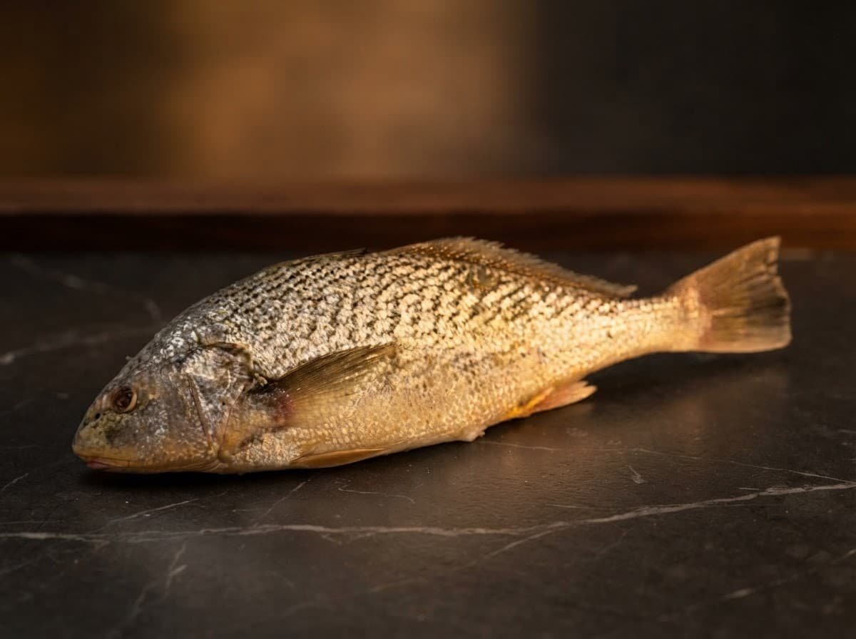 Corvina inteira sobre pedra escura