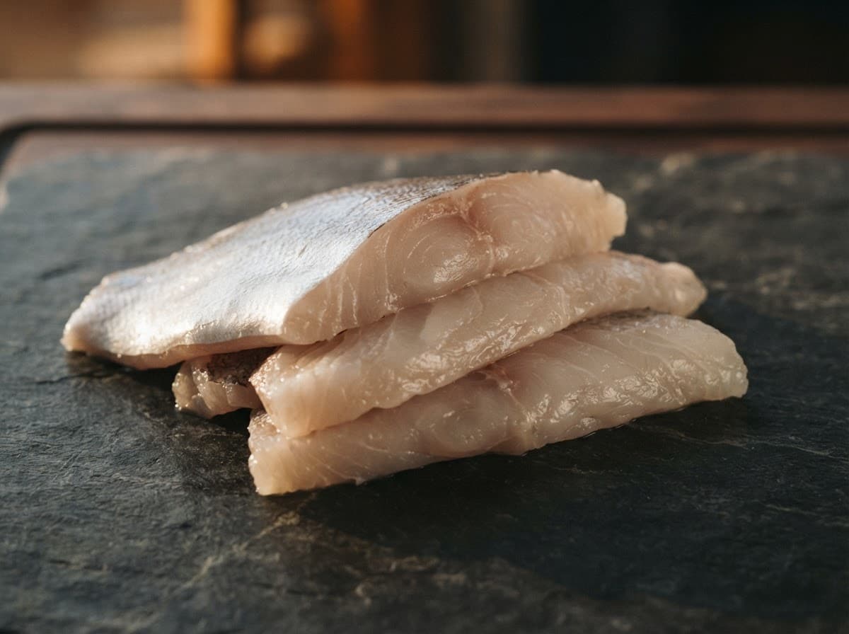 Filé de corvina sobre pedra escura