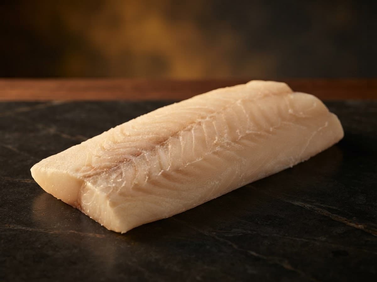 Filé de pescada amarela sobre pedra escura
