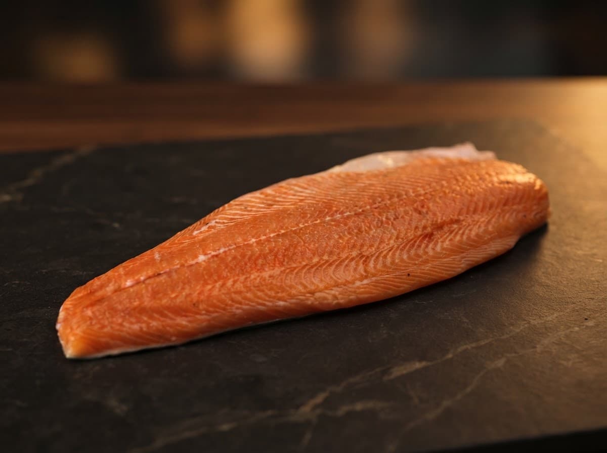 Filé de salmão sobre pedra escura