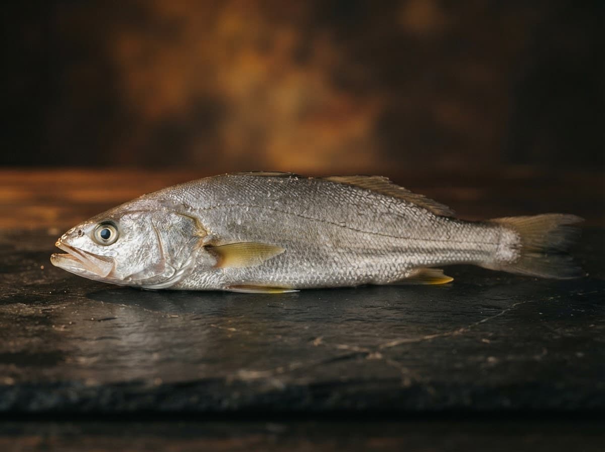 Pescada branca inteira sobre pedra escura
