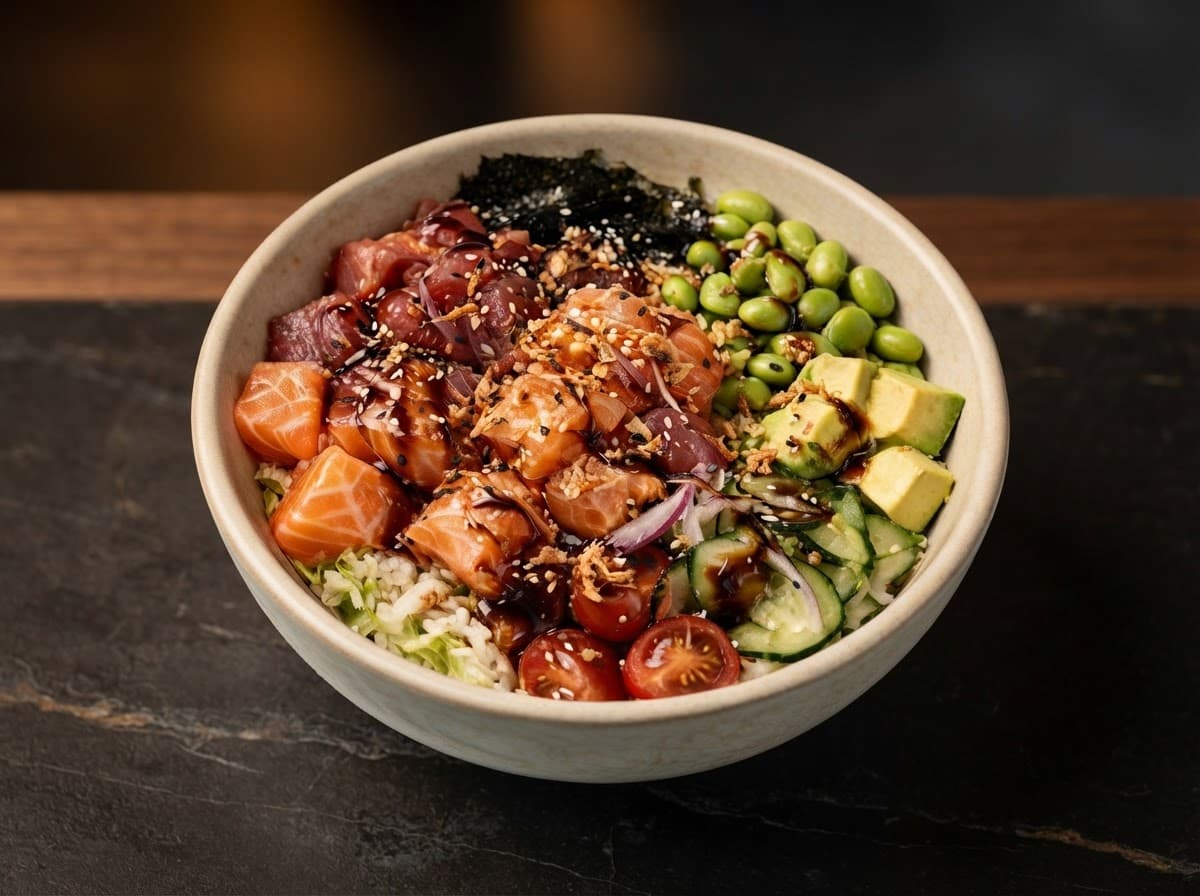 Poke montado com salmão, atum, edamame, abacate e tomate cereja